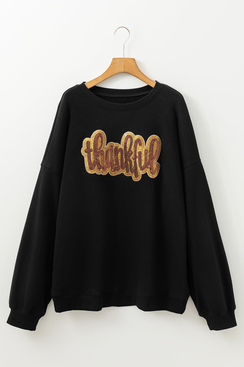 Sequin Thankful Graphic Plus Size Drop Shoulder Sweatshirt | Black