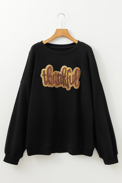 Sequin Thankful Graphic Plus Size Drop Shoulder Sweatshirt | Black