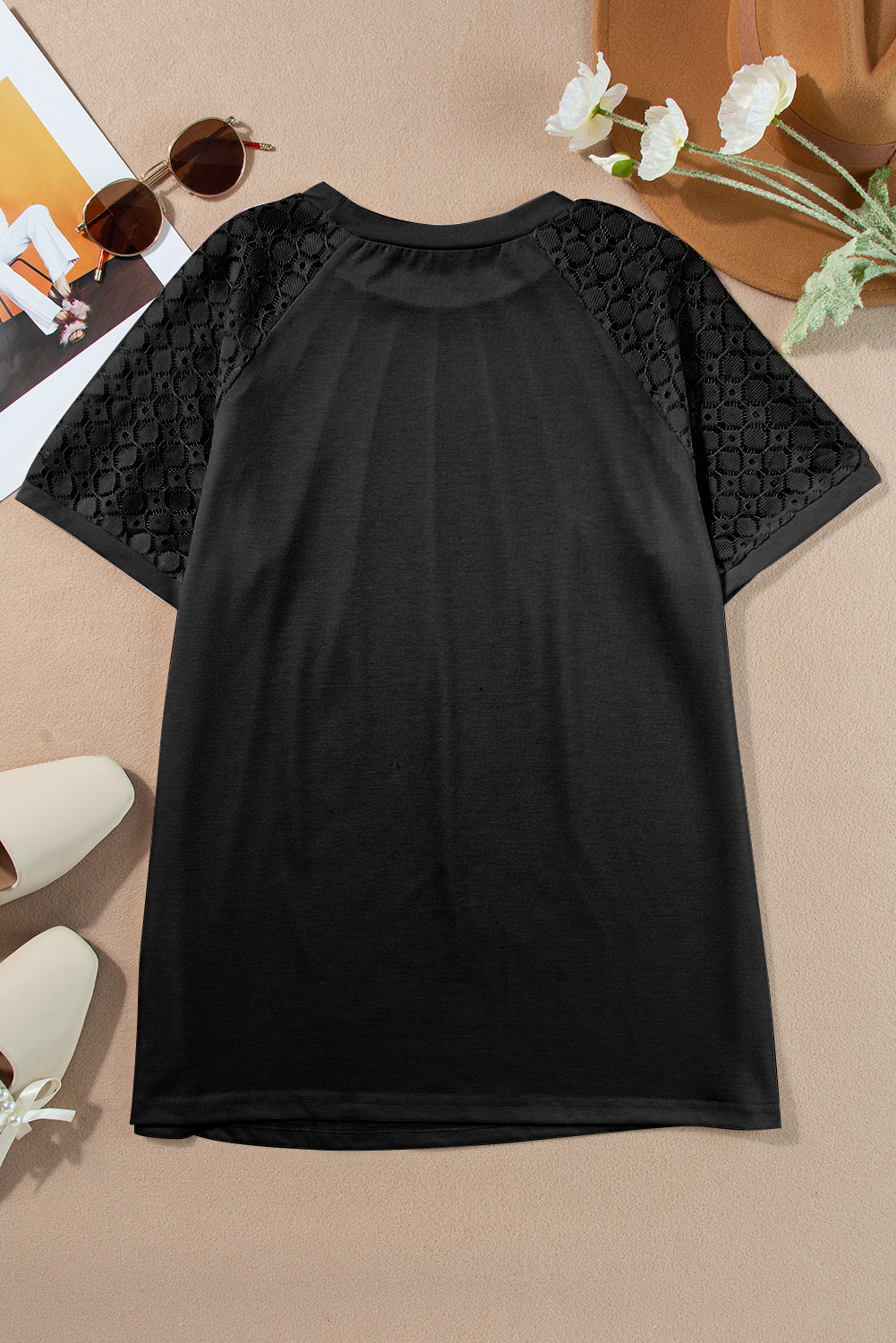 Seamed Detail Contrast Lace Raglan Sleeve Tee | Black