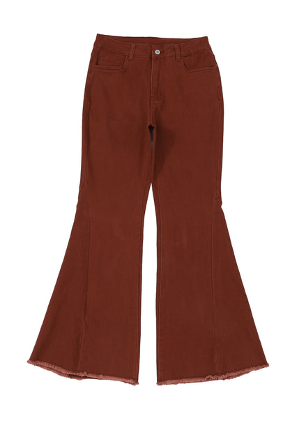 High Waist Raw Hem Flare Jeans | Red