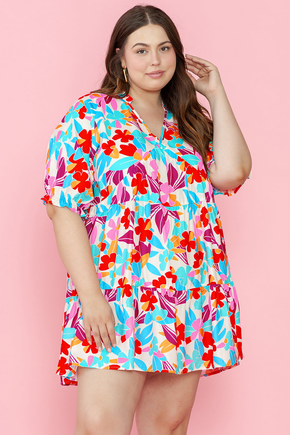 Floral Tiered V Neck Plus Dress | Multicolour