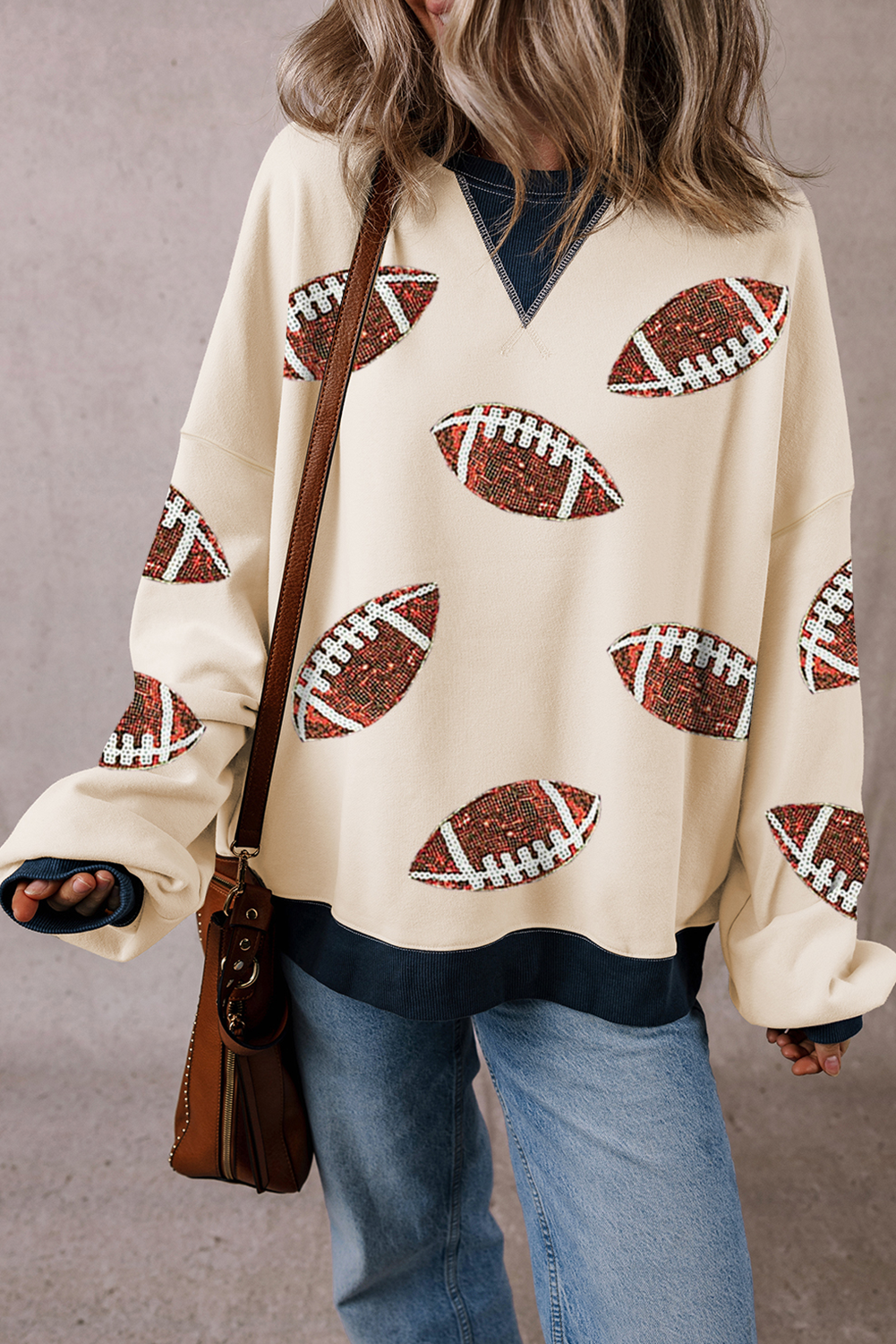 Sequin Football Graphic Crew Colourblock Sweatshirt | White