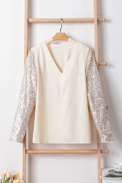 Sequined Sleeves Patchwork V Neck Blouse | White