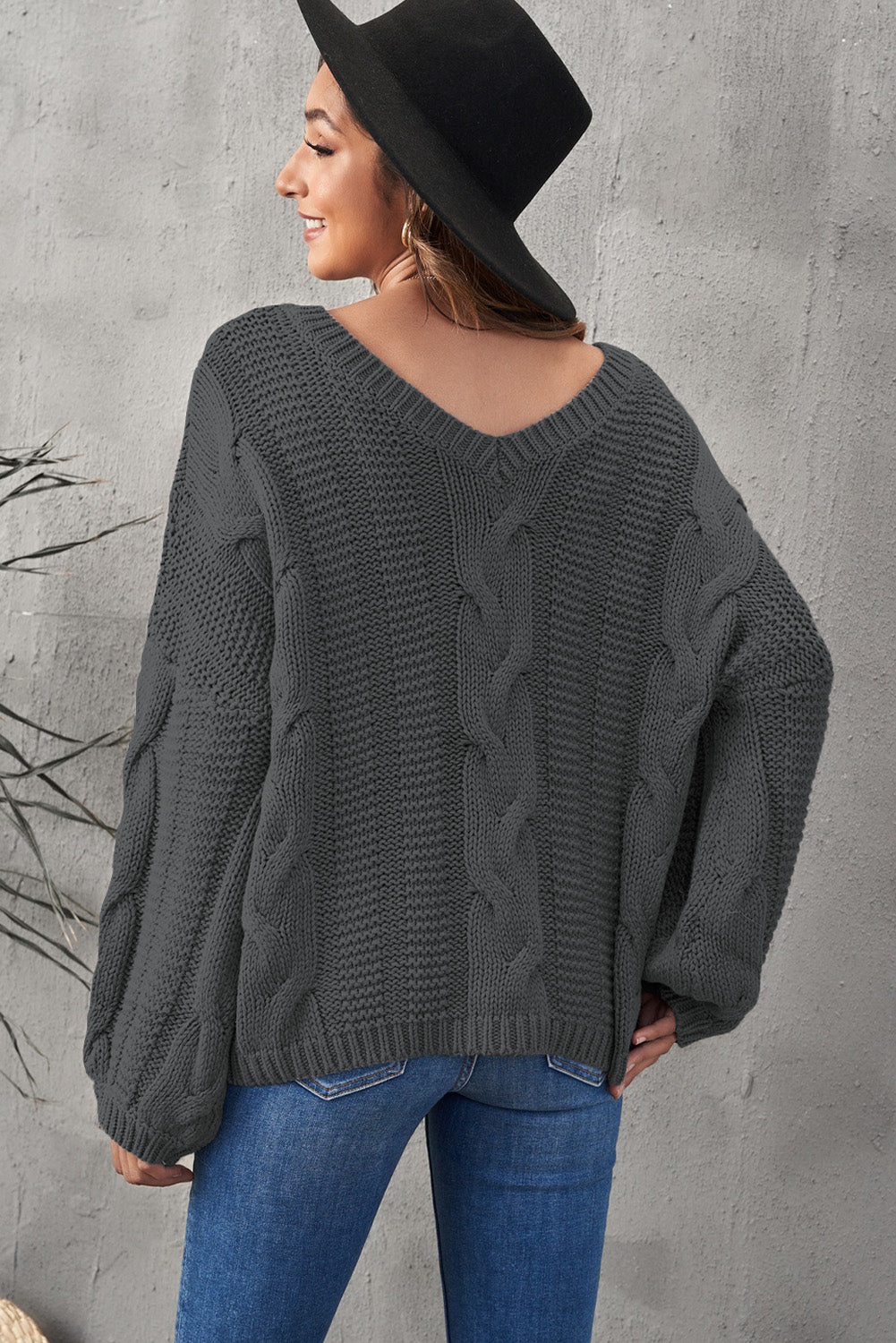 Dark  Bubblegum V-Neck Braided Knit Sweater | Gray