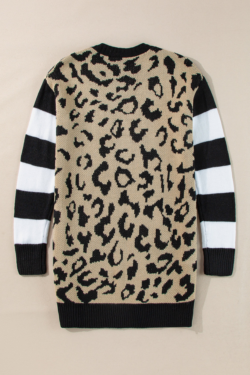 Stripe Sleeve Leopard Print Open Front Cardigan With Pockets | Black