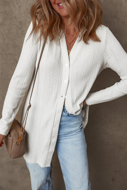 Solid Colour Ribbed Button Up Tunic Cardigan | White