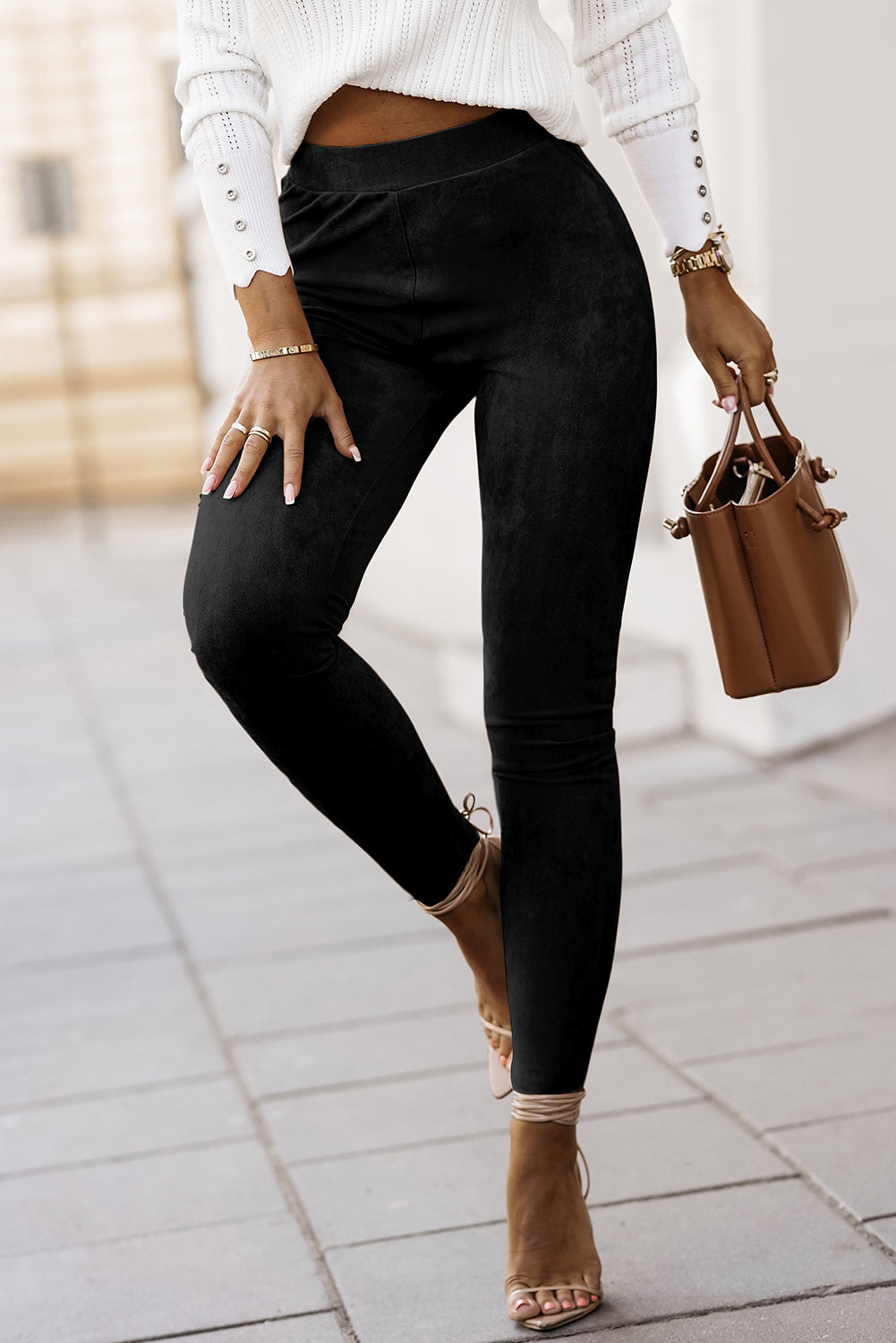 High Waist Faux Suede Skinny Leggings | Black