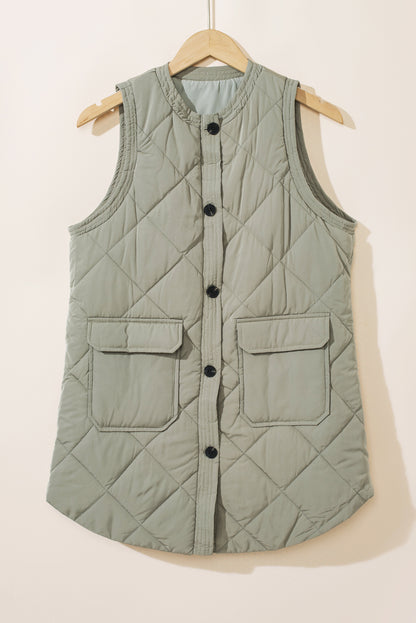 Quilted Long Vest Jacket With Pockets | Grass Green