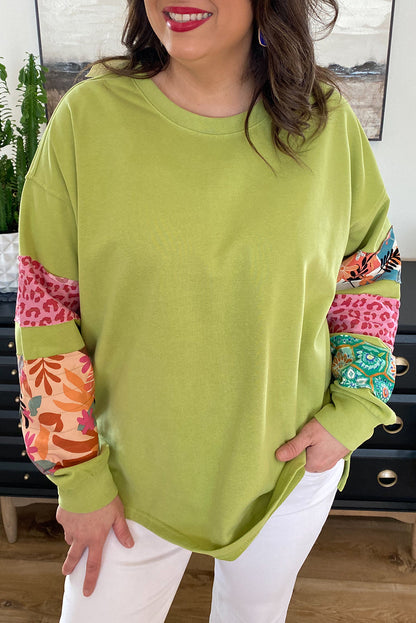 Plus Size Printed Patchwork Sleeve Split Sweatshirt | Green