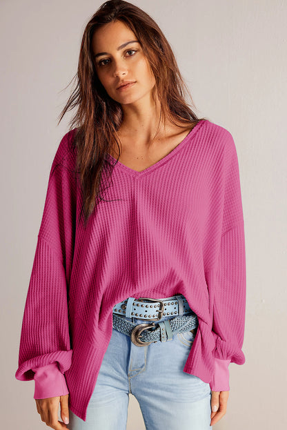 Waffle V Neck Long Sleeve Drop Shoulder Loose Blouse | Bright Pink