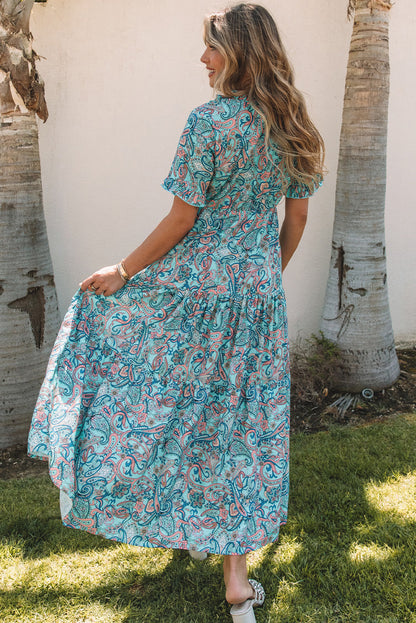 Paisley Print Boho Holiday Ruffle Tiered Maxi Dress | Sky Blue