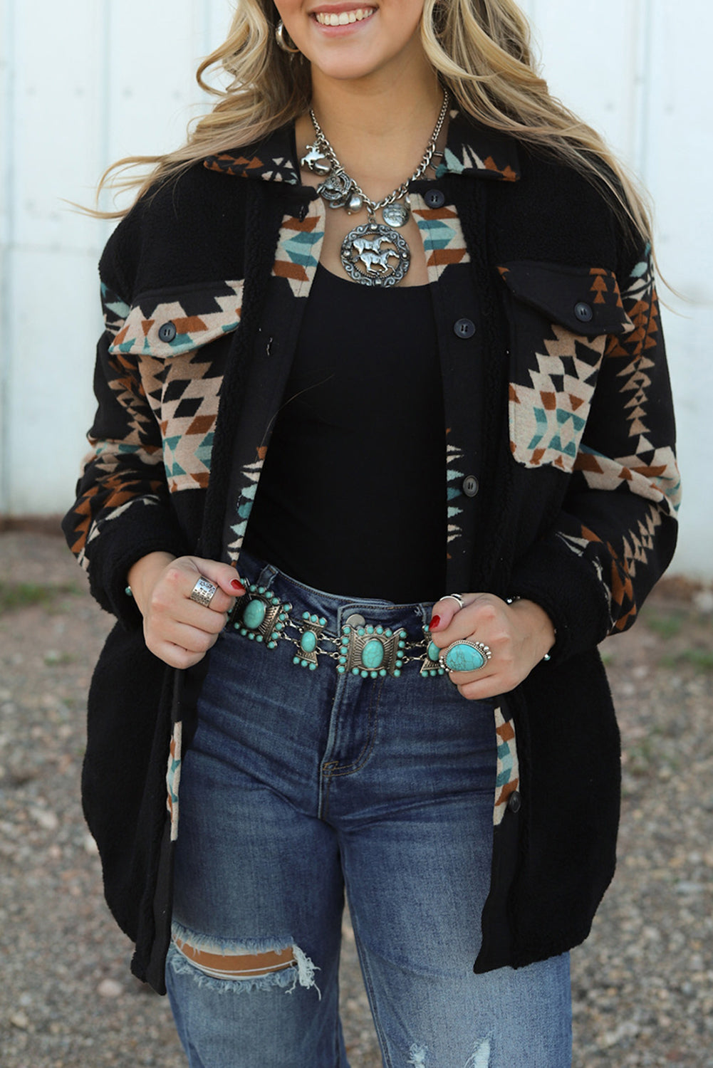 Western Aztec Print Accent Fleece Shacket | Black