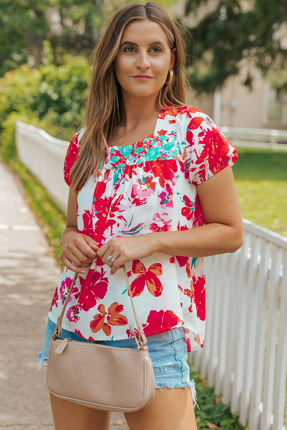 Fiery  Floral Printed Square Neck Blouse | Red