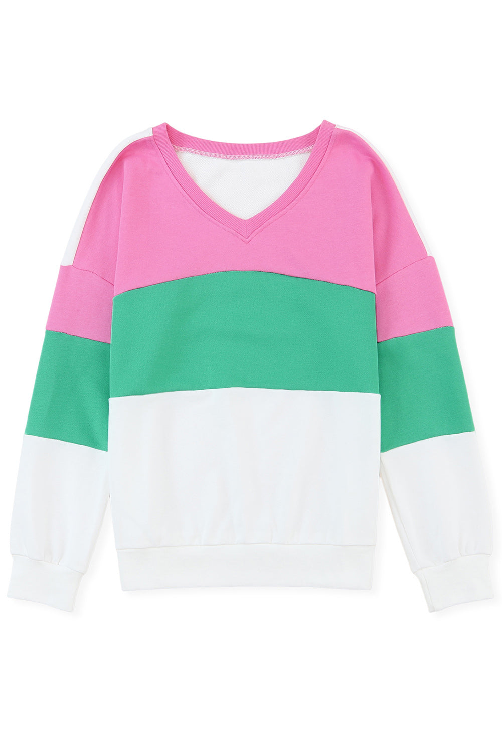 Ribbed V Neck Colour Block Patchwork Sweatshirt | Pink