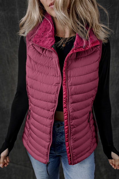 Plush Collared Quilted Zipped Puffer Vest | Burgundy