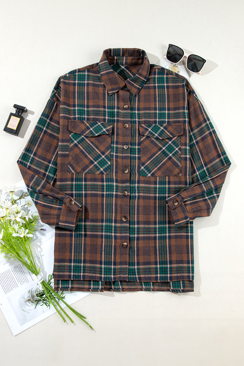 Plaid Print Chest Pockets Buttoned Shirt Jacket | Brown