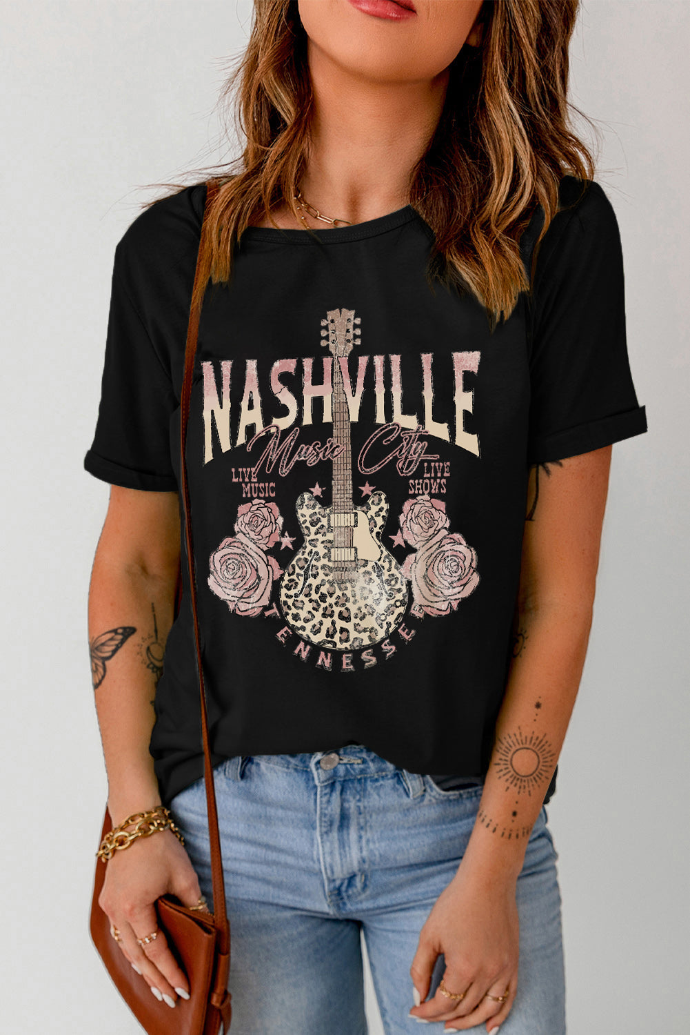 Nashville Music City Leopard Guitar Graphic T Shirt | Black