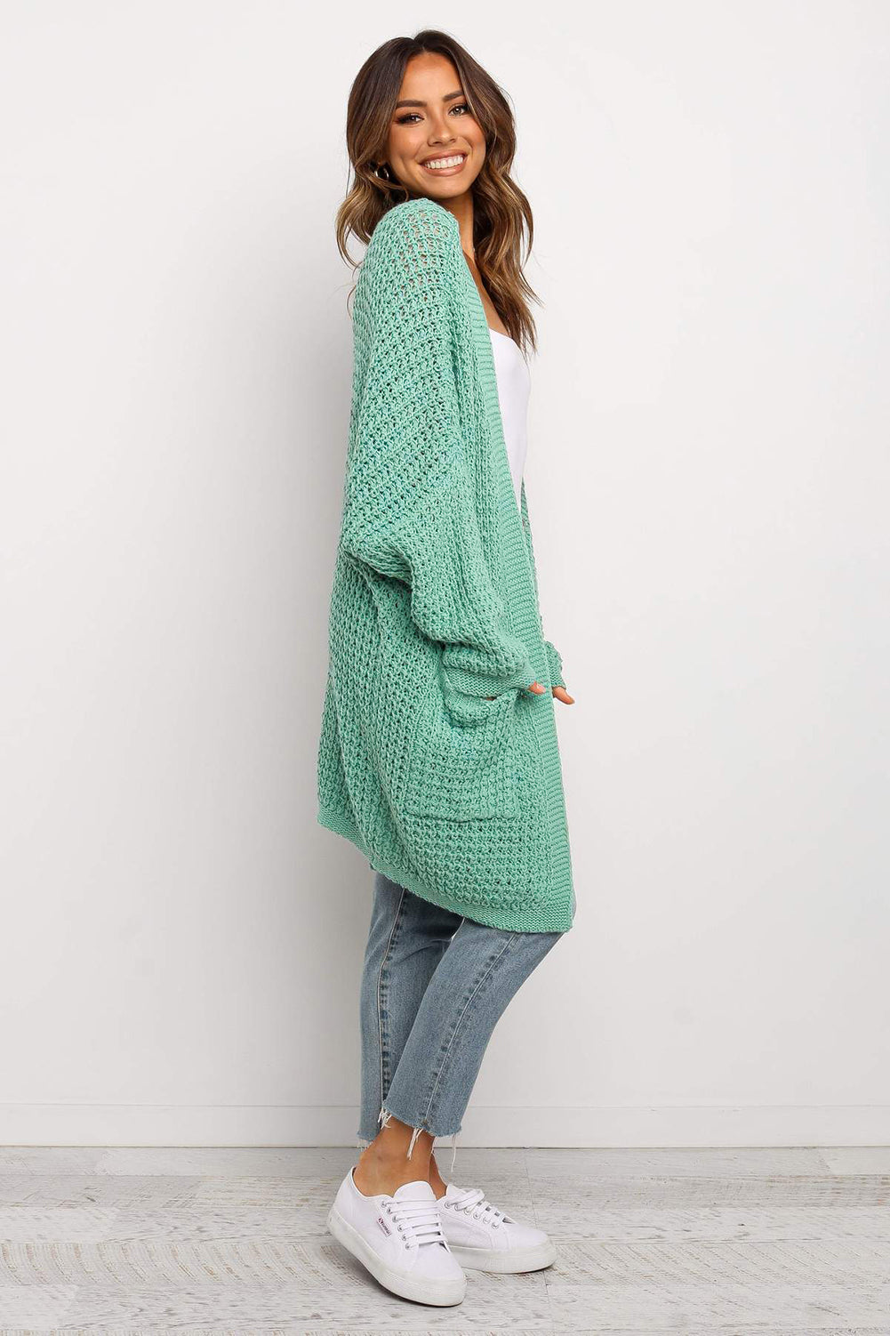 Long Line Open Front Knitted Cardigan With Pockets | Green