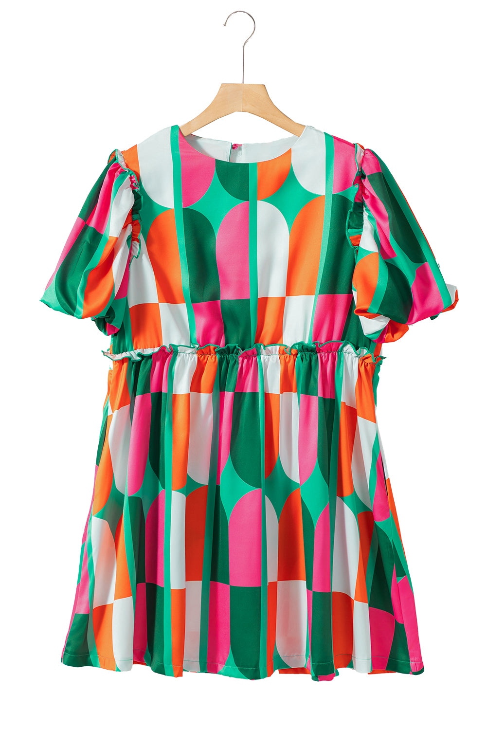 Abstract Print Puff Sleeve Short Dress | Green