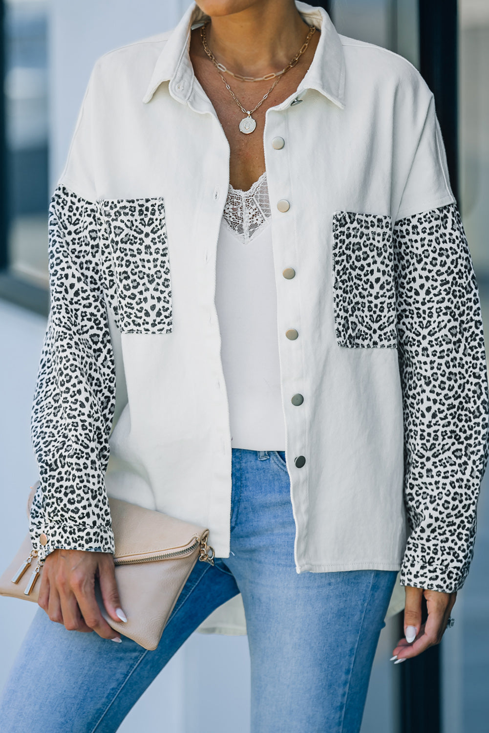 Contrast Leopard Denim Jacket | White