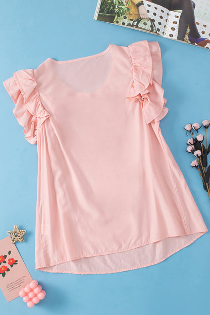 Shirring Buttoned Neck Ruffle Sleeve Blouse | Peach Blossom