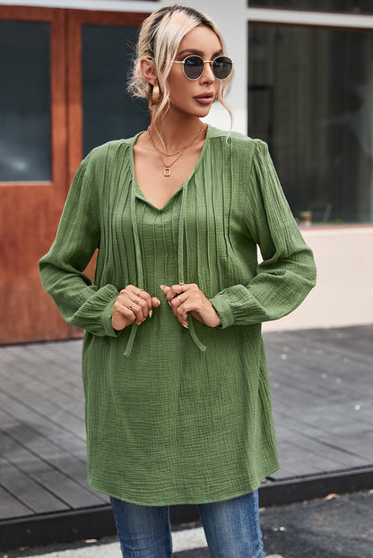 Casual Pleated V Neck Textured Loose Top | Green