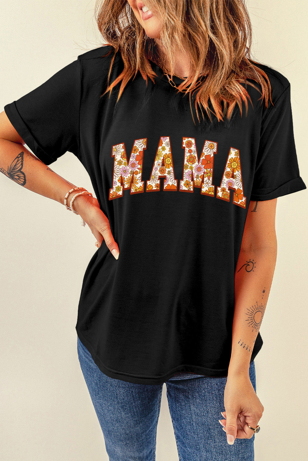 Flower Printed Mama Letter Graphic T-Shirt | Black