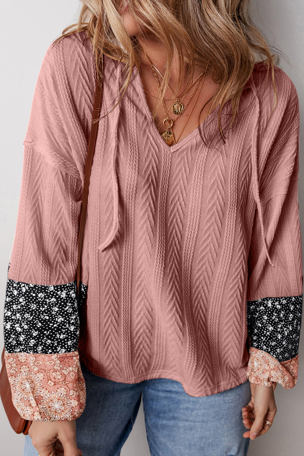 Floral Patchwork Textured Knit Drawstring V Neck Blouse | Dusty Pink