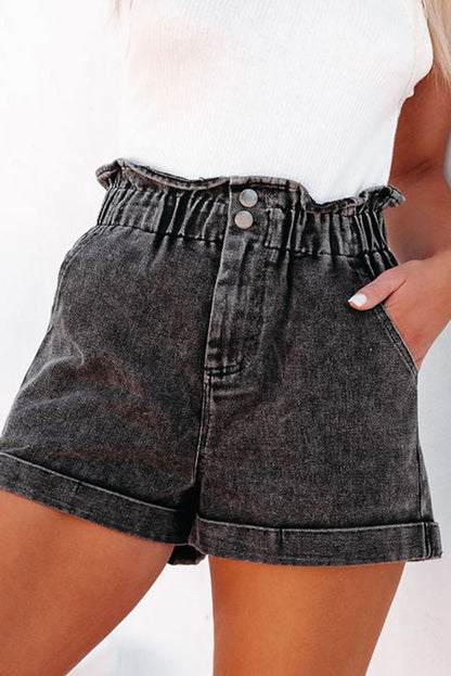 Vintage Washed Frilled High Waist Denim Shorts | Black