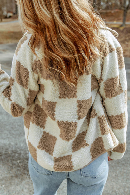 Checked Snap Button Sherpa Jacket | Brown