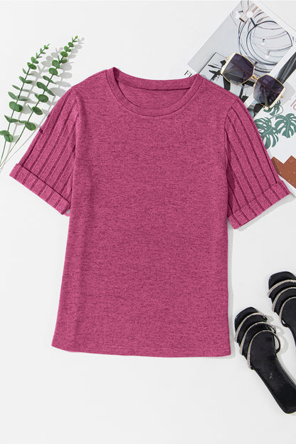 Ribbed Splicing Sleeve Round Neck T-Shirt | Bright Pink