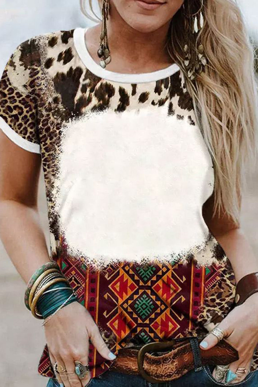 Dark Brown Western Aztec Leopard Print Bleached T Shirt