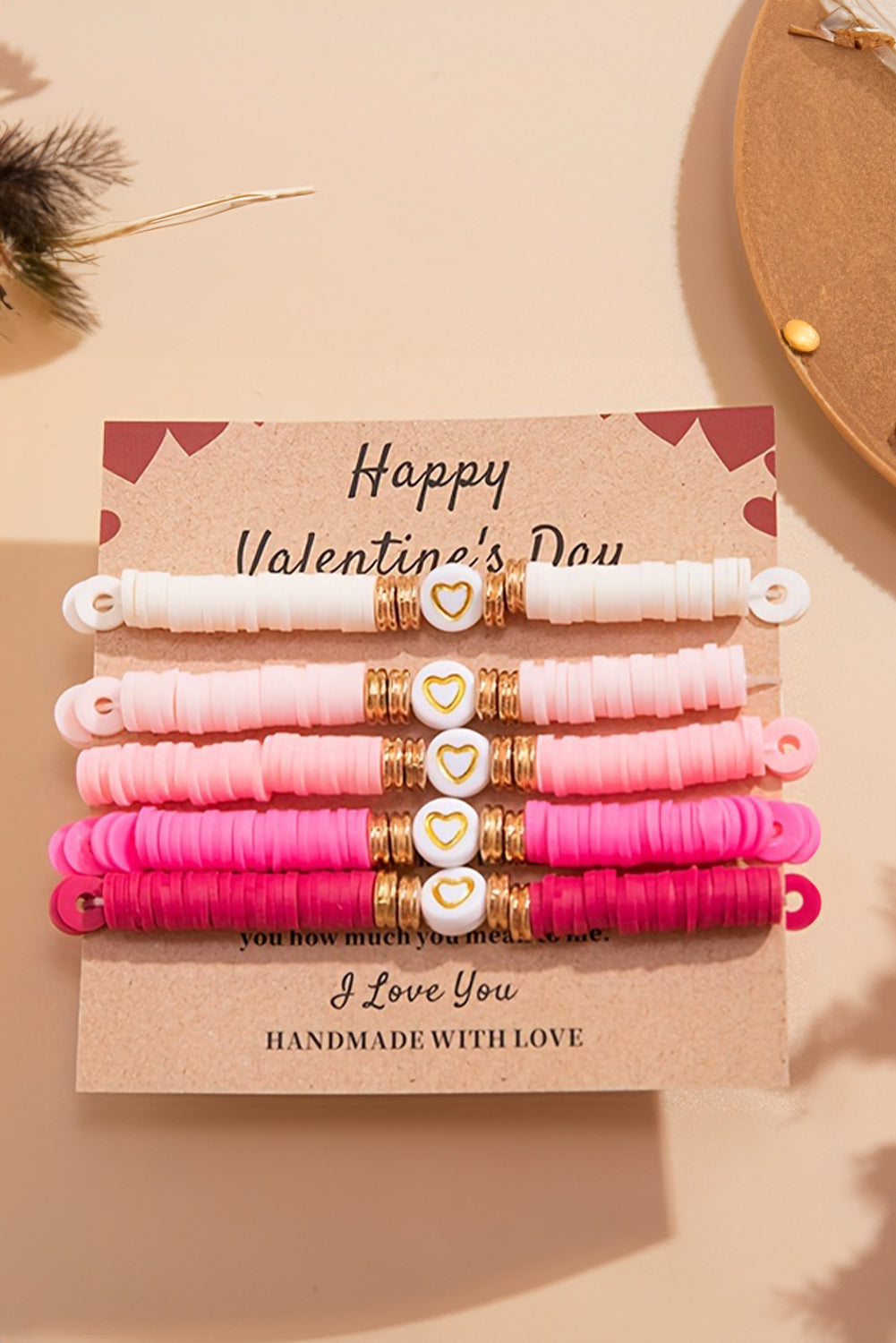 5Pcs Valentine Heart Beaded Bracelet | Peach Blossom