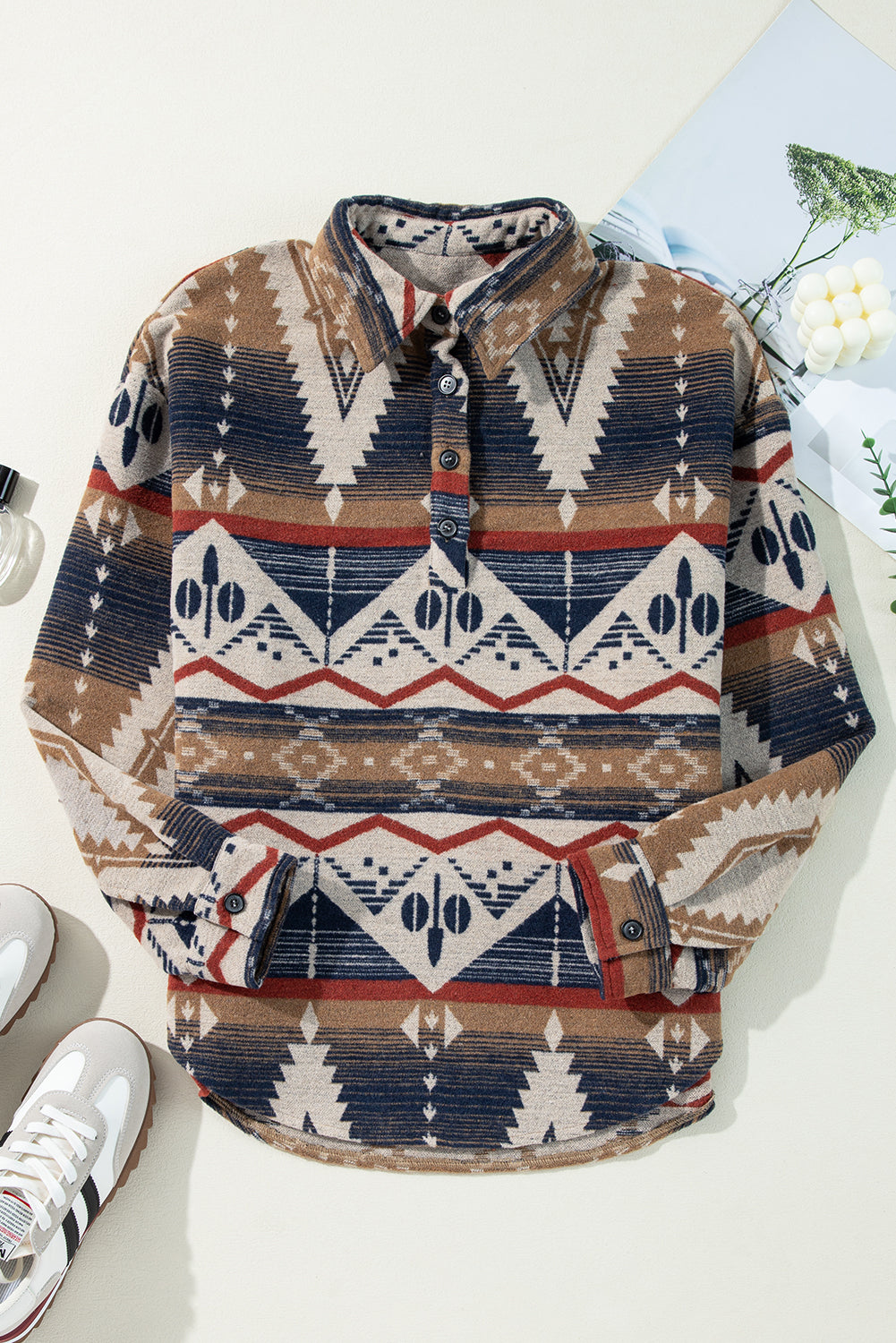 Western Aztec Collared Button-Up Sweatshirt | Brown