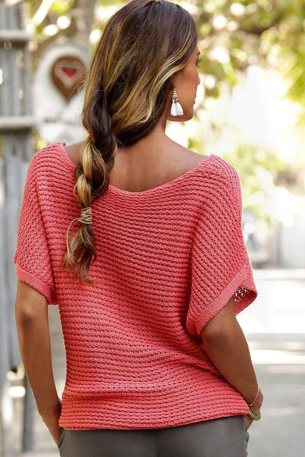 Solid Loose Knit Short Dolman Sleeve Sweater | Red Clay