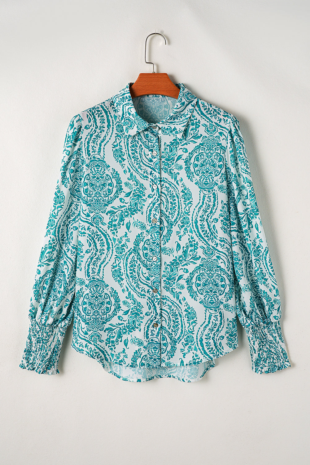 Paisley Print Smocked Cuff Buttoned Loose Shirt | Green