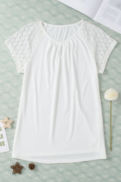 Contrast Lace Sleeve Keyhole Decor Top | White