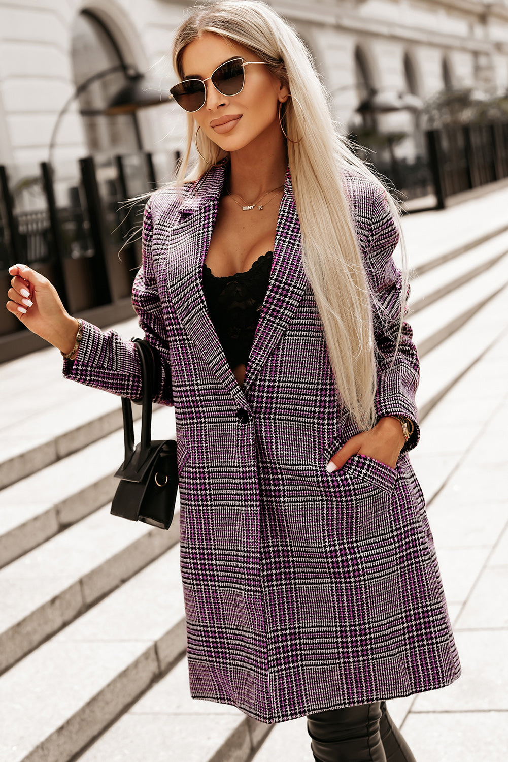 Plaid Lapel Collar One Button Midi Coat | Pink