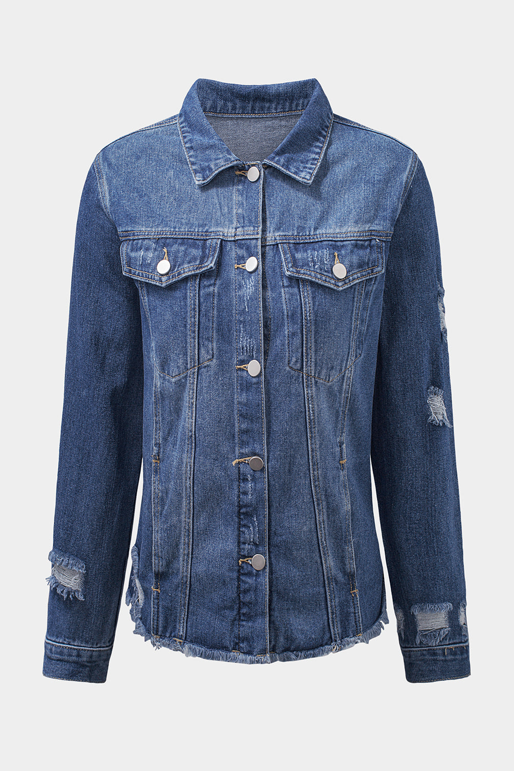 Lapel Distressed Raw Hem Buttons Denim Jacket | Blue