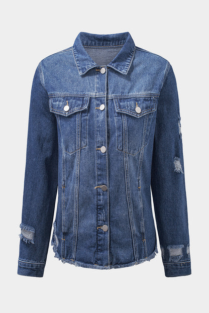 Lapel Distressed Raw Hem Buttons Denim Jacket | Blue