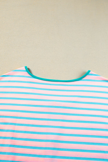 Contrast Trim Half Zip Short Sleeve Top | Pink Stripe