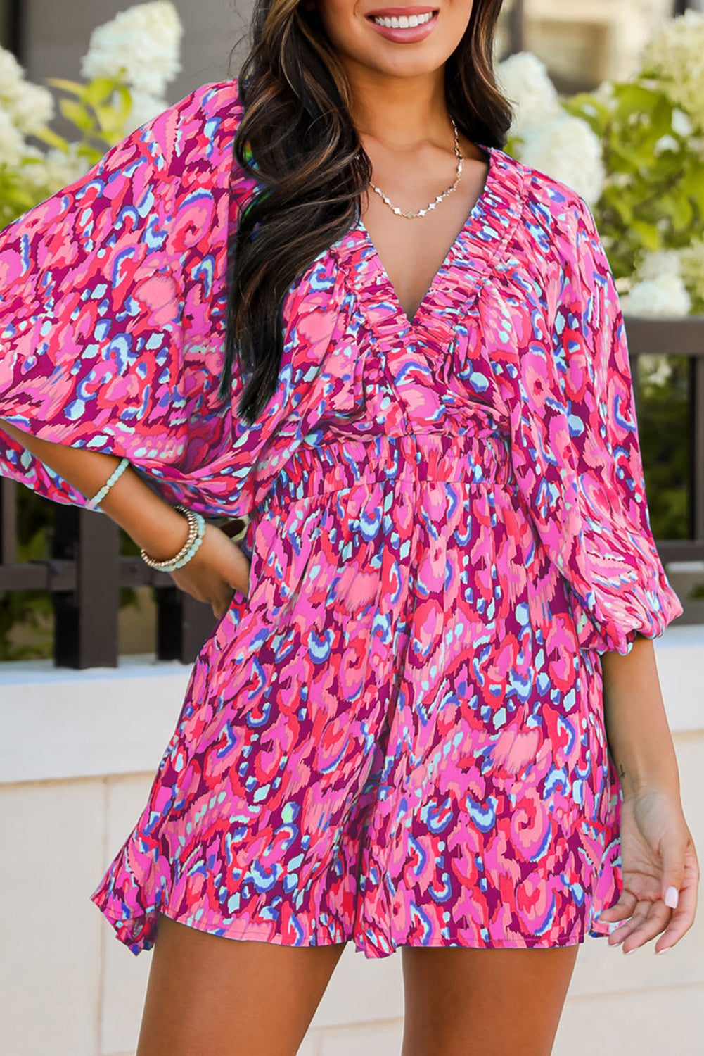 Abstract Print Puff Sleeve V Neck High Waist Romper | Pink