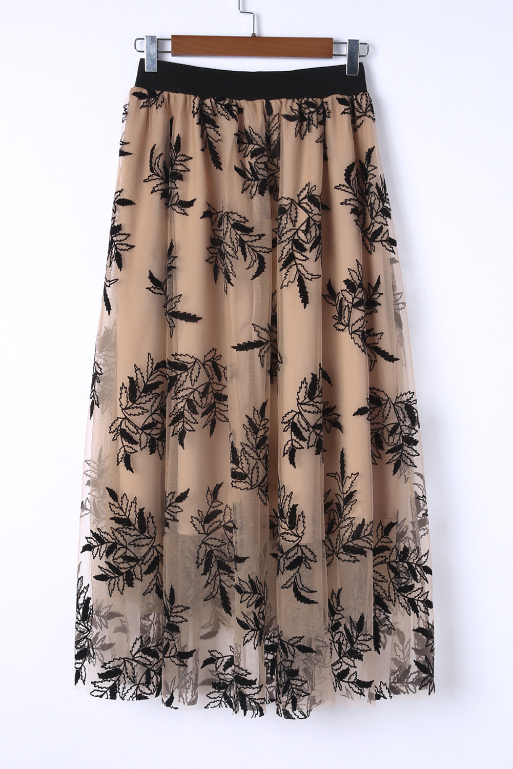 Floral Leaves Embroidered High Waist Maxi Skirt | Apricot