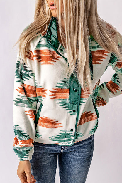 Western Aztec Snap Buttoned Fleece Jacket | Multicolour