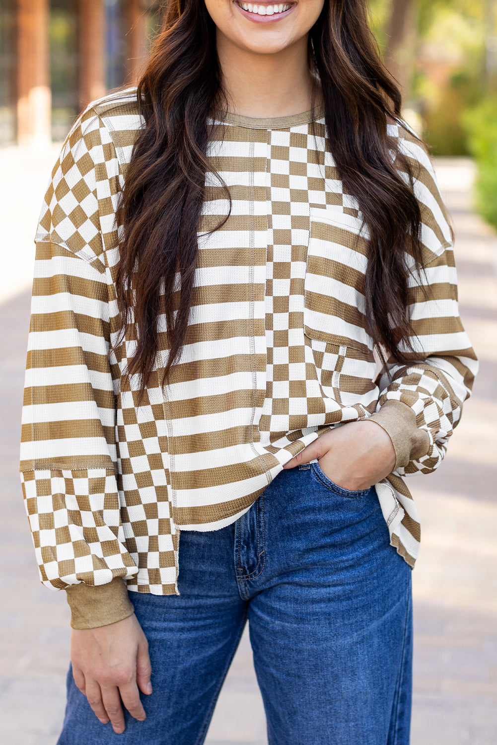 Checkerboard Striped Patchwork Lantern Sleeve Pocketed Blouse | Khaki