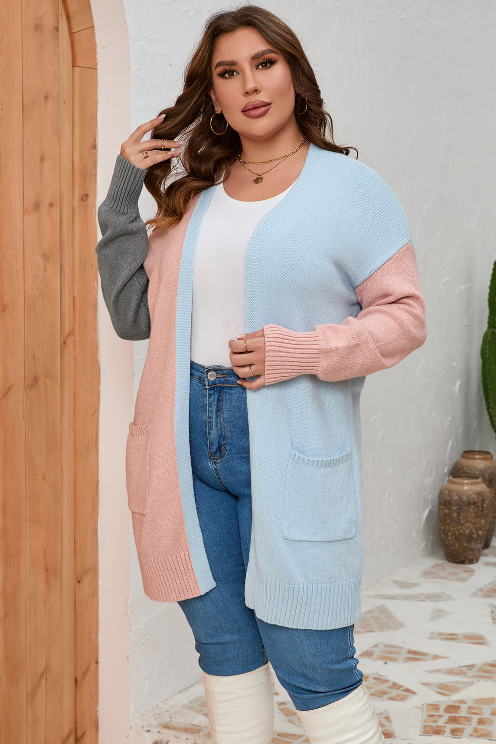 Plus Size Colourblock Pocketed Open Front Cardigan | Multicolour