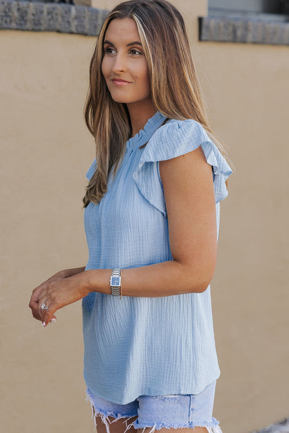 Flutter Sleeve Frilled Neck Textured Blouse | Sky Blue