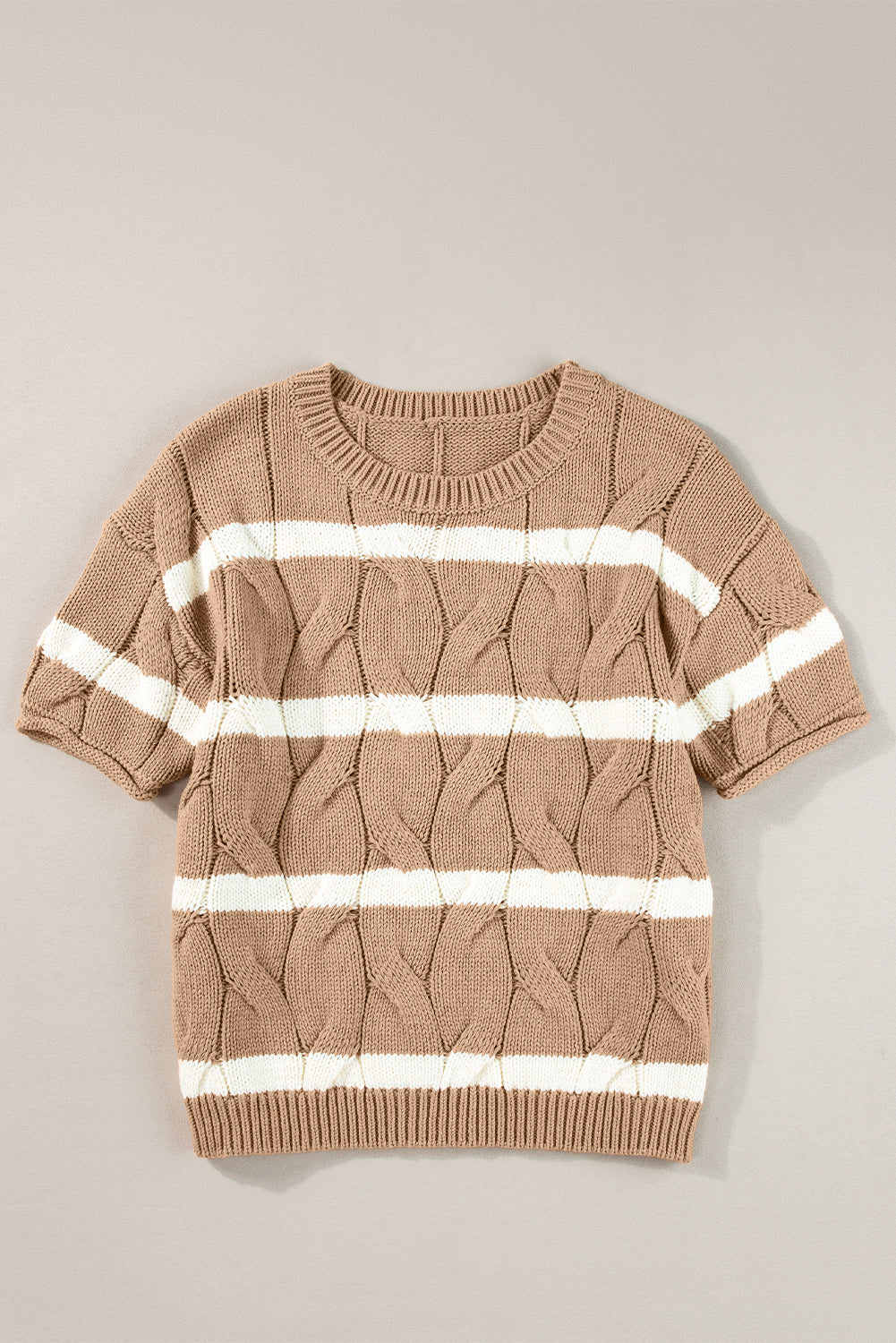 Striped Cable Short Sleeve Sweater | Dark Khaki