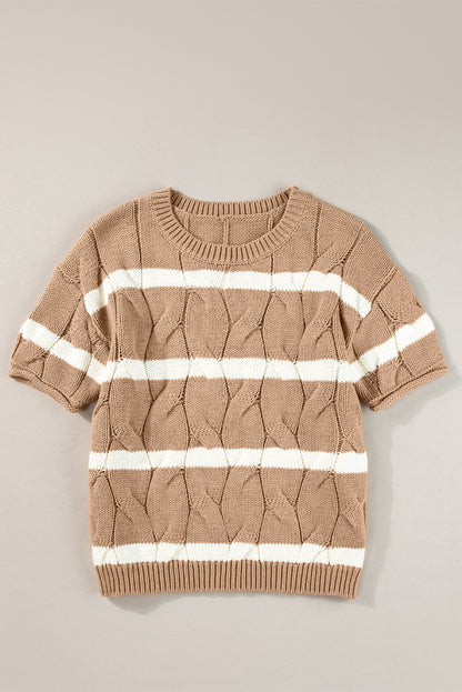 Striped Cable Short Sleeve Sweater | Dark Khaki