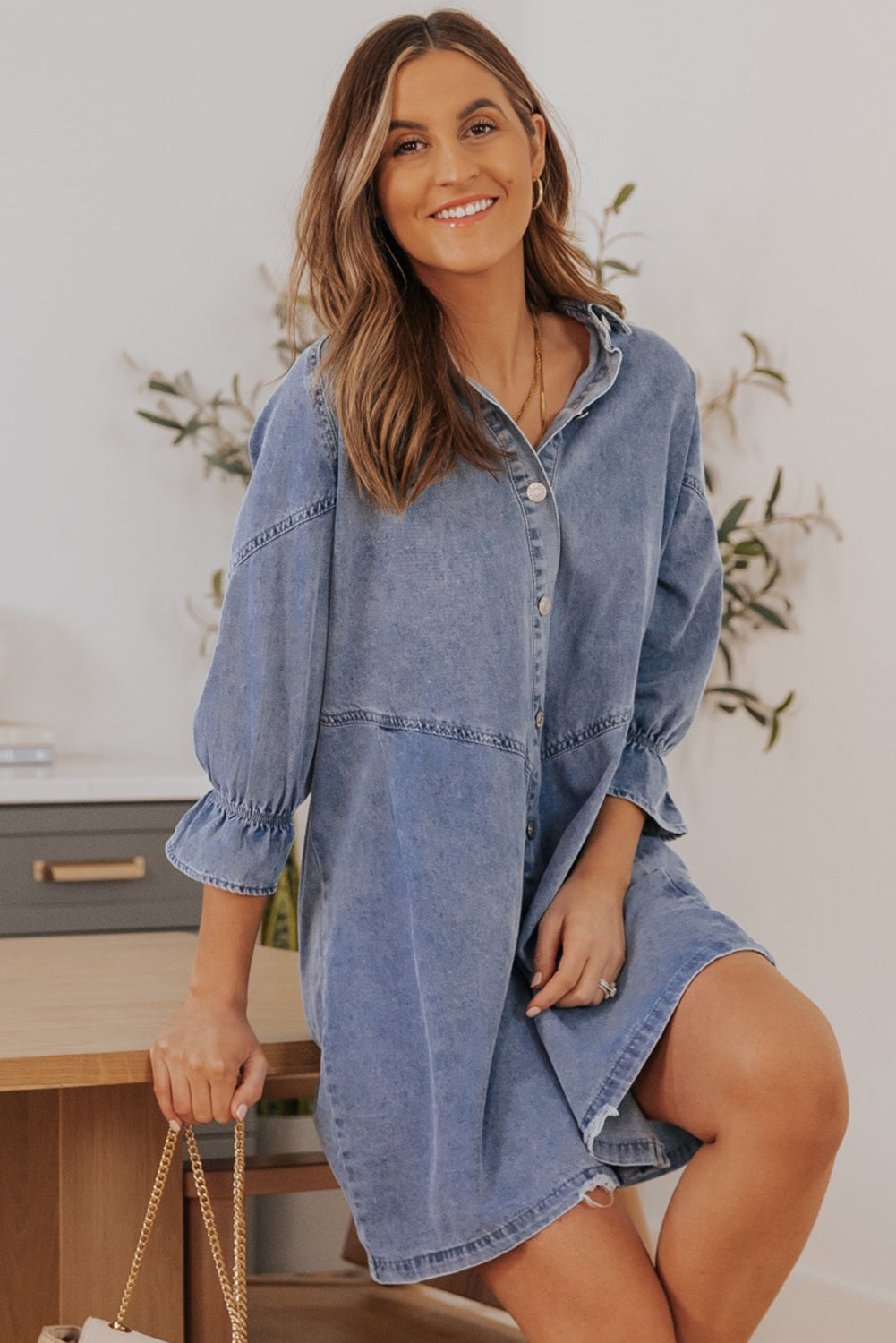 Buttoned Long Sleeve Denim Mini Dress | Sky Blue